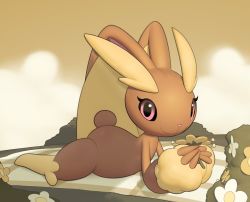 Rule 34 | brown fur, cloud, cloudy sky, creatures (company), curvy, evening, eyelashes, field, flat chest, flower, flower field, fluff, fur, furry, furry female, game freak, gen 4 pokemon, grass, grasslands, inkune, long ears, looking at viewer, lopunny, lying, nintendo, on stomach, own hands clasped, picnic blanket, pink eyes, pokemon, pokemon (creature), puffy sleeves, rabbit, rabbit ears, rabbit girl, rabbit tail, shortstack, sky, smile, spotlight, tail