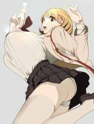 Rule 34 | 10s, 1girl, bouncing breasts, breasts, brown eyes, brown hair, gun, hair ornament, hairclip, highres, huge breasts, narusawa ryouka, occultic;nine, open mouth, panties, plaid, q (ed69), school uniform, shirt tucked in, short hair, skirt, smile, solo, underwear, weapon