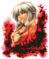 Rule 34 | 1girl, ayakashi banashi, bad id, bad pixiv id, blush, breasts, cleavage, dolce, highres, looking at viewer, open mouth, original, pointy ears, saliva, saliva trail, short hair, silver hair, slit pupils, solo, sweater, tongue, tongue out, turtleneck, upper body, yellow eyes, yoshida hideyuki