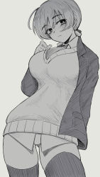 Rule 34 | 1girl, ahoge, braid, braided ponytail, breasts, frown, greyscale, highres, hora liar, jacket, large breasts, liar lawyer, long hair, looking at viewer, lynette bishop, military, military jacket, military uniform, monochrome, necktie, panties, shirt, strike witches, sweater, thighhighs, underwear, uniform, white panties, world witches series