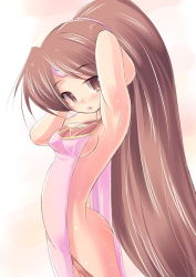 Rule 34 | 1girl, armpits, arms behind head, arms up, ass, breasts, brown eyes, brown hair, dress, fire emblem, fire emblem: mystery of the emblem, kourourin, linde (fire emblem), long hair, naked tabard, nintendo, no panties, ponytail, revealing clothes, sideboob, solo, tabard, very long hair