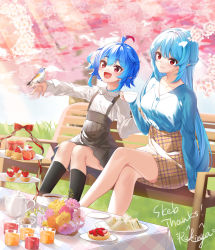 Rule 34 | 2girls, :d, ahoge, animal, animal on hand, bird, black legwear, black skirt, blouse, blue hair, blue shirt, brown flower, brown skirt, closed mouth, collarbone, collared shirt, commentary, commission, crossed legs, cup, day, dress shirt, drinking glass, flower, food, fruit, gradient hair, grass, hair between eyes, highres, holding, holding cup, long hair, long sleeves, multicolored hair, multiple girls, on bench, open mouth, original, outdoors, pink flower, plaid, plaid skirt, pleated skirt, puffy long sleeves, puffy sleeves, red eyes, red hair, rukinya (nyanko mogumogu), sandwich, saucer, shirt, sitting, skeb commission, skirt, sleeves past wrists, smile, socks, strawberry, suspender skirt, suspenders, symbol-only commentary, teapot, thank you, thick eyebrows, tiered tray, tree, very long hair, white flower, white shirt, yellow flower