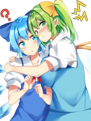 Rule 34 | 2girls, ?, blue bow, blue dress, blue eyes, blue hair, blue skirt, blue vest, blush, bow, breast press, cirno, collared shirt, cowboy shot, daiyousei, dress, fairy wings, green eyes, green hair, hair bow, highres, hug, ice, ice wings, looking at viewer, medium hair, multiple girls, nagomian, open mouth, pointy ears, pout, puffy short sleeves, puffy sleeves, shirt, short hair, short sleeves, side ponytail, simple background, skirt, touhou, v-shaped eyebrows, vest, white background, white shirt, wings