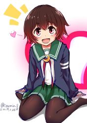 Rule 34 | 1girl, ^^^, bad id, bad twitter id, black pantyhose, blue jacket, brown hair, commentary request, crescent, crescent pin, dated, full body, gradient hair, green sailor collar, green skirt, heart, highres, izumikuma, jacket, kantai collection, multicolored hair, mutsuki (kancolle), mutsuki kai ni (kancolle), neckerchief, one-hour drawing challenge, open mouth, pantyhose, pleated skirt, red eyes, red hair, sailor collar, school uniform, serafuku, short hair, sitting, skirt, smile, solo, twitter username, wariza