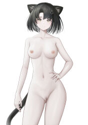 Rule 34 | 1girl, absurdres, animal ears, arknights, black hair, breasts, bright pupils, brown eyes, cat ears, cat girl, cat tail, censored, cleft of venus, collarbone, completely nude, contrapposto, cowboy shot, gluteal fold, hair ornament, hand on own hip, highres, looking at viewer, mandragora (arknights), medium breasts, navel, nipples, nopetroto, nude, pale skin, parted lips, pussy, short hair, simple background, solo, stomach, tail, white background