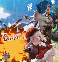 Rule 34 | +++, 1boy, 1girl, 2others, :d, ahoge, backpack, bag, black gloves, blonde hair, bloomers, blue hair, blurry, blurry background, brown gloves, cabbie hat, clenched hand, commentary, dark-skinned male, dark skin, dress, explosion, eyepatch, closed eyes, feather boa, genshin impact, gloves, hair over one eye, hat, highres, hilichurl (genshin impact), kaeya (genshin impact), klee (genshin impact), kmjr, laughing, long hair, long sleeves, low twintails, multicolored hair, multiple others, one eye covered, open mouth, outdoors, outstretched arms, pectoral cleavage, pectorals, pocket, pointy ears, pom pom (clothes), ponytail, randoseru, red dress, red headwear, smile, sound effects, sparkle, spread arms, streaked hair, symbol-only commentary, twintails, underwear