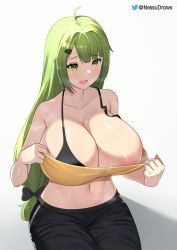 Rule 34 | 1girl, ahoge, areola slip, artist name, bare shoulders, black bow, black pants, bow, breasts, cleavage, clothes pull, collarbone, commentary, english commentary, furrowed brow, green eyes, green hair, hair ornament, hairclip, highres, huge breasts, light blush, long hair, low-tied long hair, midriff, navel, nessu (nnn07897), open mouth, original, pants, pulling own clothes, shadow, shirt, shirt pull, simple background, sitting, solo, strap slip, strapless, sweat, tube top, twitter username, very long hair, wardrobe malfunction, white background, yellow shirt