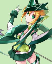Rule 34 | 1girl, akatsuki kirika, armor, ass, blonde hair, blush, butt crack, chikugen shiina, closed mouth, commentary request, elbow gloves, from behind, gloves, green background, green eyes, green skirt, headgear, looking at viewer, looking back, scythe, senki zesshou symphogear, shiny skin, short hair, shoulder armor, simple background, skirt, smile, solo, striped clothes, striped thighhighs, thighhighs