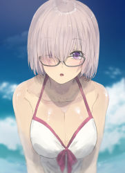 Rule 34 | 1girl, :o, arms at sides, bare arms, bare shoulders, black-framed eyewear, blue sky, breasts, cleavage, cloud, cloudy sky, collarbone, commentary request, day, dress, fate/grand order, fate (series), glasses, hair over one eye, halterneck, highres, large breasts, looking at viewer, mash kyrielight, mash kyrielight (swimsuit of perpetual summer), misaki nonaka, official alternate costume, one eye covered, open mouth, outdoors, purple eyes, purple hair, purple ribbon, ribbon, short hair, sky, sleeveless, sleeveless dress, solo, spaghetti strap, upper body, white dress