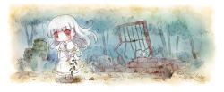 Rule 34 | 1girl, blush, broiler, chibi, dress, female focus, forest, holding, looking at viewer, nature, outdoors, plant, red eyes, ruins, silver hair, skirt, solo, standing, tree
