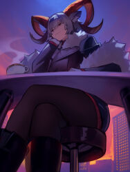 Rule 34 | 1girl, animal ear fluff, animal ears, arknights, arm on table, black coat, black footwear, black hairband, boots, carnelian (arknights), carnelian (hohenlohe chillysand) (arknights), closed mouth, coat, commentary, crossed legs, cup, distr, elbow on table, english commentary, evening, from below, fur-trimmed coat, fur shawl, fur trim, gloves, goat ears, goat horns, grey hair, hairband, head on hand, head rest, highres, horns, long sleeves, official alternate costume, on stool, outdoors, pantyhose, red eyes, shawl, short hair, sitting, solo, steam, stool, table, white gloves