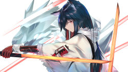 Rule 34 | 1girl, animal ear fluff, animal ears, arknights, black hair, black sleeves, blank stare, brown eyes, closed mouth, coat, colored inner hair, dual wielding, ear piercing, expressionless, from side, fur-trimmed coat, fur trim, gloves, glowing, glowing sword, glowing weapon, hair over one eye, hand up, highres, holding, holding sword, holding weapon, hood, hood down, hooded coat, leather, leather gloves, long bangs, long hair, multicolored hair, outstretched arm, piercing, pointy nose, red eyes, red gloves, red hair, serious, sleeves past elbows, solo, sword, texas (arknights), texas (winter messenger) (arknights), tudili, upper body, weapon, weapon behind back, white background, white coat, white hood, white sleeves, wide sleeves, wolf, wolf ears, wolf girl