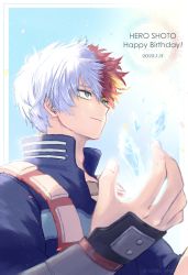Rule 34 | 1boy, blue eyes, blurry, boku no hero academia, border, burn scar, character name, command input, confetti, costume, cryokinesis, dated, day, depth of field, english text, foreshortening, hair between eyes, hair blowing, happy birthday, heterochromia, highres, ice crystal, long bangs, male focus, michiru mha, multicolored hair, outside border, red hair, scar, scar on face, short hair, smile, snowflakes, solo, split-color hair, sun, sunlight, text focus, todoroki shouto, two-tone hair, white border, white hair