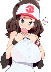 Rule 34 | 1girl, alternate breast size, baseball cap, black vest, blue eyes, bra visible through clothes, breasts, brown hair, condom, condom in mouth, condom wrapper, creatures (company), curly hair, game freak, hat, high ponytail, hilda (pokemon), huge breasts, long hair, mouth hold, nintendo, pokemon, pokemon bw, shirt, sidelocks, sleeveless, sleeveless shirt, solo, tank top, tottotonero, vest, white shirt, wristband