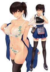 Rule 34 | 1girl, bare shoulders, black thighhighs, blue hakama, blush, bra, breasts, brown eyes, brown hair, cleavage, closed mouth, collarbone, flight deck, full body, geta, gloves, grey footwear, hakama, hakama short skirt, hakama skirt, hand on own chin, highres, japanese clothes, kaga (kancolle), kantai collection, large breasts, lingerie, long hair, looking at viewer, multiple views, muneate, navel, okobo, open mouth, panties, partially fingerless gloves, partly fingerless gloves, sandals, side ponytail, single glove, skirt, tasuki, thighhighs, thighs, underwear, wa (genryusui), white background, white bra, white panties, yugake, zouri