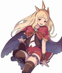 Rule 34 | 10s, 1girl, :d, bad id, bad twitter id, black footwear, black thighhighs, blonde hair, blunt bangs, blush, boots, bow, cagliostro (granblue fantasy), cape, clothes lift, granblue fantasy, hairband, harada isuka, long hair, miniskirt, open mouth, panties, pantyshot, purple eyes, red bow, red skirt, simple background, sitting, skirt, skirt lift, smile, solo, thighhighs, underwear, white background, white panties, zettai ryouiki