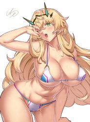 Rule 34 | 1girl, bare shoulders, barghest (fate), barghest (swimsuit archer) (fate), bikini, blonde hair, breasts, cleavage, collarbone, fate/grand order, fate (series), ge (zmq67911029), green eyes, horns, large breasts, long hair, looking at viewer, multicolored bikini, multicolored clothes, navel, open mouth, solo, swimsuit, thighs, tongue, tongue out, white bikini