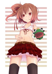 Rule 34 | 1girl, belt, black thighhighs, brown hair, flat chest, frog, hair ribbon, hand puppet, highres, looking at viewer, meile, midriff, momoiro taisen pairon, navel, original, plaid, plaid skirt, puppet, red eyes, ribbon, short hair, side ponytail, skirt, smile, solo, striped, striped background, thighhighs