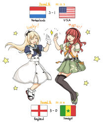 Rule 34 | 2022 fifa world cup, 2girls, american flag, bell, black thighhighs, blonde hair, blue sailor collar, closed eyes, commentary, commentary request, dated, de ruyter (kancolle), dress, dutch flag, english commentary, english flag, full body, gloves, green sailor collar, green skirt, hairband, hat, high five, jervis (kancolle), kantai collection, long hair, multiple girls, neckerchief, open mouth, orange neckerchief, pleated skirt, red hair, sailor collar, school uniform, senegalese flag, serafuku, short sleeves, simple background, skirt, sparkle, star (symbol), suda (yuunagi enikki), thighhighs, translation request, white background, white gloves, white headwear, world cup
