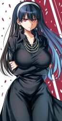 Rule 34 | 1girl, alternate costume, angry, black dress, black hair, breasts, dress, earrings, empty eyes, fubuki (one-punch man), hair ornament, hairband, highres, jewelry, large breasts, long hair, long sleeves, looking at viewer, maroonabyss, one-punch man, red eyes, skin tight, solo, spy x family, yor briar