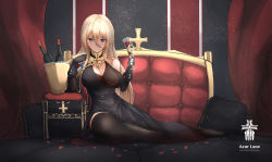Rule 34 | 1girl, absurdres, aiguillette, alcohol, azur lane, bed, bismarck (azur lane), bismarck (beacon of the iron blood) (azur lane), black gloves, black thighhighs, blonde hair, blue eyes, bottle, breasts, bucket, cleavage, copyright name, cross, cup, curtains, dress, drinking glass, dust, earrings, epaulettes, fingerless gloves, gloves, hair between eyes, highres, holding, holding cup, ice, ice cube, indoors, iron cross, jewelry, large breasts, long hair, looking at viewer, neckwear request, on bed, petals, pillow, side cape, single earring, sitting, smile, solo, thighhighs, wine, wine bottle, wine glass, yusha m