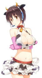 Rule 34 | 10s, 1girl, :o, animal ears, animal print, bare shoulders, bell, blush, breast hold, breasts, brown eyes, brown hair, cleavage, cleavage cutout, clothing cutout, collar, cow ears, cow girl, cow horns, cow print, cow tail, elbow gloves, gloves, halterneck, headset, horns, idolmaster, idolmaster cinderella girls, large breasts, looking at viewer, midriff, navel, neck bell, oikawa shizuku, open mouth, sakusaku, short hair, simple background, single horn, skirt, solo, tail, white background