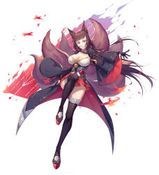 Rule 34 | 1girl, aircraft, airplane, akagi (azur lane), animal ear fluff, animal ears, arm at side, ayan, azur lane, blush, breasts, brown hair, cleavage, eyeshadow, fire, flight deck, floating hair, fox ears, fox tail, full body, gloves, grin, highres, holding, japanese clothes, large breasts, leg up, long hair, looking at viewer, makeup, multiple tails, outstretched arm, partially fingerless gloves, pleated skirt, red eyes, red skirt, rudder footwear, shikigami, sidelocks, simple background, skirt, smile, tail, thighhighs, white background, wide sleeves