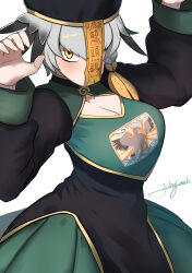Rule 34 | 1girl, animal print, artist name, bird, blush, braid, breasts, cleavage, commentary request, fingernails, grey hair, hat, head wings, highres, jiangshi costume, john (a2556349), kemono friends, large breasts, looking at viewer, ofuda, ofuda on head, outstretched arms, qingdai guanmao, shoebill, shoebill (kemono friends), side braid, simple background, solo, talisman, white background, wings, yellow eyes, zombie pose