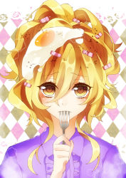 Rule 34 | 1girl, bad id, bad pixiv id, blonde hair, egg (food), food, fork, hair ornament, highres, holding, kyouda suzuka, looking at viewer, original, solo, sunny side up egg, utensil in mouth, yellow eyes