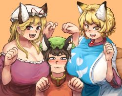 Rule 34 | :3, :d, animal ears, bare shoulders, between breasts, blonde hair, blush, breast smother, breasts, breasts on shoulders, brown eyes, brown hair, cat ears, cat tail, chanta (ayatakaoisii), chen, cleavage, dress, earrings, extra ears, eyebrows, face to breasts, flustered, fox ears, fox tail, frilled dress, frills, girl sandwich, hat, hat ribbon, height difference, huge breasts, jewelry, kemonomimi mode, long hair, looking at viewer, mob cap, multiple girls, multiple tails, nekomata, no headwear, nose blush, off-shoulder dress, off shoulder, open mouth, orange background, paw pose, purple dress, ribbon, sandwiched, short hair, short sleeves, simple background, single earring, slit pupils, smile, sweat, tabard, tail, teeth, touhou, upper body, wide sleeves, yakumo ran, yakumo yukari, yellow eyes