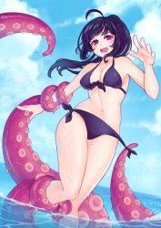 Rule 34 | 1girl, ahoge, bikini, black bikini, black hair, breasts, cleavage, cloud, cloudy sky, collarbone, commission, consensual tentacles, day, from below, front-tie bikini top, front-tie top, highres, jellypon, knees together feet apart, large breasts, navel, ocean, original, ponytail, restrained, side-tie bikini bottom, sidelocks, sky, smile, solo, stomach, swimsuit, tentacles, wading, water, water drop, wet