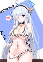Rule 34 | 1girl, absurdres, animal ears, animal print, bell, bikini, blue archive, blush, breasts, bridal gauntlets, character name, cleavage, closed mouth, collarbone, commentary, cow ears, cow horns, cow print, english commentary, fake horns, grey hair, groin, halo, heart, highres, horns, large breasts, long hair, looking at viewer, mechanical halo, navel, neck bell, noa (blue archive), one eye closed, purple eyes, solo, spoken heart, swimsuit, tia (4017342), white bikini