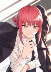Rule 34 | 1girl, black jacket, black necktie, black pants, braid, braided ponytail, breasts, business suit, buttoned cuffs, buttons, chainsaw man, collared shirt, fingernails, formal, hand on own chin, highres, ice reizou, jacket, jacket on shoulders, light smile, long sleeves, looking at viewer, looking up, makima (chainsaw man), medium breasts, necktie, neckwear request, pants, red eyes, red hair, ringed eyes, shirt, simple background, smile, suit, white shirt