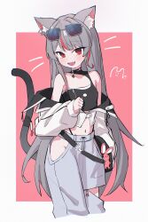 Rule 34 | 1girl, :d, absurdres, animal charm, animal ear fluff, animal ear piercing, animal ears, armpit crease, bag charm, bare shoulders, black bag, black choker, black tail, black tank top, blush, border, breasts, cat ears, cat girl, cat tail, charm (object), choker, clenched hand, collarbone, colored inner animal ears, commentary request, cropped legs, dot nose, earrings, eyewear on head, fang, gradient tail, grey hair, grey pants, grey tail, hair intakes, hair over shoulder, halterneck, hand up, head tilt, heart, highres, hip vent, jacket, jewelry, long hair, long sleeves, looking at viewer, midriff, morphling (artist), multicolored hair, navel, neneko mashiro, off shoulder, open mouth, outside border, pants, panty straps, pink background, rabbit charm, raised eyebrows, red eyes, red hair, sidelocks, single earring, single strap, skin fang, small breasts, smile, solo, stellive, strap, streaked hair, sunglasses, swept bangs, tail, tank top, thick eyelashes, turning head, very long hair, virtual youtuber, white border, white jacket