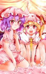 Rule 34 | 2girls, :d, barefoot, blonde hair, ascot, curtains, flandre scarlet, hand on own chest, hat, hat ribbon, highres, knees up, looking at viewer, mob cap, multiple girls, open mouth, purple hair, red eyes, remilia scarlet, ribbon, samayoi, short hair, short sleeves, siblings, side ponytail, sisters, sitting, skirt, skirt set, smile, touhou, wariza, wings