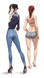 Rule 34 | 2girls, absurdres, ass, back, barefoot, black footwear, black hair, bra, brown hair, denim, from behind, full body, grey bra, grey panties, hand on own chin, high heels, highres, jeans, looking at viewer, looking back, multiple girls, original, panties, pants, ponytail, pumps, red hair, sidelocks, simple background, skinny jeans, standing, tbocart, tight clothes, twisted torso, underwear, walking, white background