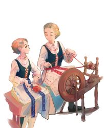 Rule 34 | 2girls, absurdres, apron, blonde hair, blue dress, blue vest, brown hair, closed eyes, dress, gift art, highres, multiple girls, original, parted lips, polilla, simple background, sitting, smile, spinning wheel, tagme, traditional clothes, vest, weaving, white apron, white background