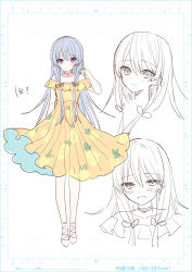 Rule 34 | 1girl, blue hair, blush, brown dress, closed mouth, collarbone, dress, hair between eyes, hand up, multiple views, off-shoulder dress, off shoulder, original, parted lips, pineapple print, pleated dress, print dress, purple eyes, smile, wavy mouth, white background, yuuki rika