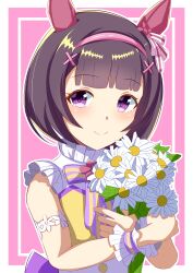 Rule 34 | 1girl, 96dai 0313, absurdres, animal ears, bare shoulders, black hair, blunt bangs, blush, bob cut, border, bouquet, buttons, closed mouth, double-breasted, dress, ear covers, flower, hair ornament, hairband, headband, highres, holding, holding bouquet, horse ears, horse girl, looking at viewer, nishino flower (umamusume), pink background, pink hairband, portrait, purple eyes, short hair, simple background, sleeveless, sleeveless dress, smile, solo, umamusume, upper body, white border, x hair ornament