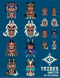 2girls 6+boys blue_background chibi coyote_boy dark-skinned_female dark-skinned_male dark_skin dog_girl dog_tail eda fox_mask headdress long_hair looking_at_viewer mask multiple_boys multiple_girls multiple_views native_american native_american_headdress original pelt pixel_art simple_background standing tail very_long_hair