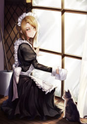 Rule 34 | 1girl, absurdres, alternate costume, animal, apron, asymmetrical bangs, bad id, bad pixiv id, black dress, blush, brown hair, cat, cleaning, cleaning windows, commentary request, curtains, dress, eyelashes, frilled apron, frills, girls&#039; frontline, highres, holding, kibellin, kneeling, korean commentary, lee-enfield (girls&#039; frontline), long hair, long sleeves, looking at animal, maid, maid apron, maid headdress, solo, white apron, window, wooden floor, yellow eyes