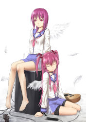 Rule 34 | 2girls, angel beats!, bad id, bad pixiv id, bare legs, barefoot, closed eyes, closed mouth, feathered wings, feathers, feet, guitar, hair ornament, highres, instrument, iwasawa masami, key (company), long hair, long sleeves, microphone, multiple girls, open mouth, pink hair, purple eyes, purple hair, school uniform, serafuku, shirt, short hair, simple background, skirt, sleeping, sleeves rolled up, speaker, toes, touko (kira2yue), twintails, white background, wings, wire, yui (angel beats!)
