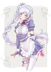 Rule 34 | 1girl, apron, arm behind back, belt, blue eyes, blush, braid, braided ponytail, breasts, bridal garter, center frills, cleavage cutout, clothing cutout, detached sleeves, dress, earrings, frills, headdress, highres, iesupa, jewelry, long hair, looking at viewer, maid, maid apron, maid headdress, red neckwear, ribbon trim, rwby, scar, scar across eye, scar on face, small breasts, solo, thigh strap, thighhighs, weiss schnee, white hair, white thighhighs, wrist cuffs