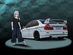 Rule 34 | 1girl, absurdres, baggy pants, black footwear, blue pants, car, clothing cutout, collarbone, grey hair, highres, license plate, logo, m.revo, mitsubishi lancer evolution, mitsubishi motors, motor vehicle, multicolored hair, open mouth, original, pants, red eyes, red hair, shadow, shoes, shoulder cutout, smile, sneakers, solo, spoiler (automobile), streaked hair, vehicle focus