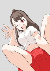 Rule 34 | 1girl, blunt bangs, breasts, brown hair, from below, grey background, highres, kagari atsuko, little witch academia, long hair, looking at viewer, medium breasts, nail, navel, one eye closed, open mouth, popopo, red eyes, red shorts, shirt, short sleeves, shorts, simple background, smile, solo, white shirt