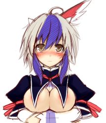 Rule 34 | 1girl, ahoge, alternate breast size, bird wings, blue hair, blush, breast hold, breasts, crossed arms, eho (icbm), female focus, head wings, horns, long sleeves, multicolored hair, short hair, silver hair, solo, tokiko (touhou), touhou, two-tone hair, wavy mouth, white background, wings, yellow eyes