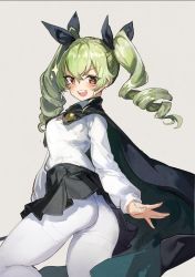 Rule 34 | 10s, 1girl, anchovy (girls und panzer), anzio school uniform, ass, blush, cape, clothes lift, drill hair, girls und panzer, green hair, grey background, highres, looking at viewer, open mouth, orange eyes, panties, pantyhose, revision, school uniform, seinen, simple background, skirt, skirt lift, solo, twintails, underwear, white pantyhose