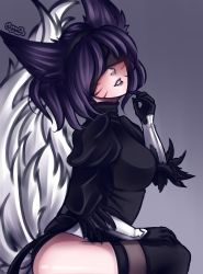 Rule 34 | 1girl, absurdres, ahri (league of legends), animal ears, artist name, black dress, black gloves, black hair, black thighhighs, blindfold, commentary, cosplay, dress, facial mark, feather-trimmed sleeves, fox ears, fox tail, from side, gloves, gradient background, grey background, hairband, hand on own knee, head tilt, highres, juliet sleeves, league of legends, long sleeves, looking to the side, nier (series), nier:automata, nyami, parted lips, puffy sleeves, short hair, simple background, sitting, solo, tail, thighhighs, whisker markings, 2b (nier:automata), 2b (nier:automata) (cosplay)