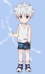 Rule 34 | 1boy, bare arms, bare shoulders, black shorts, blue background, blue eyes, clenched hand, electricity, full body, hand in pocket, highres, hunter x hunter, killua zoldyck, looking at viewer, male focus, nemui (nemuriyagi), shoes, shorts, simple background, sleeveless, solo, standing, tank top, white hair, white tank top