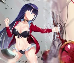 Rule 34 | 1girl, bikini, black bikini, blood, blue eyes, breasts, choker, cleavage, clenched hands, closed mouth, commentary request, cross, demon, demon pillar (fate), earrings, fate/grand order, fate (series), foreshortening, gluteal fold, groin, highres, i.f.s.f, jacket, jewelry, large breasts, long hair, martha (fate), martha (swimsuit ruler) (fate), martha (swimsuit ruler) (second ascension) (fate), motion blur, navel, punching, purple hair, red jacket, rubble, speed lines, swimsuit, torn clothes, torn jacket, track jacket, twitter username